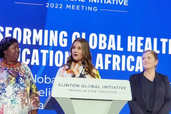 Melinda French Gates, co-chair of the Bill & Melinda Gates Foundation, announces a $50 million gift to the Paul E. Farmer Scholarship on Sept. 19 at the Clinton Global Initiative in New York,